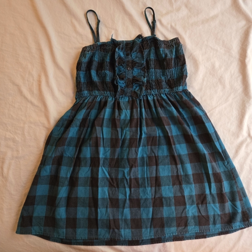 Kimchi Blue Teal Blue Plaid Flannel 90s Grunge Punk Minidress Ruffle Smocked